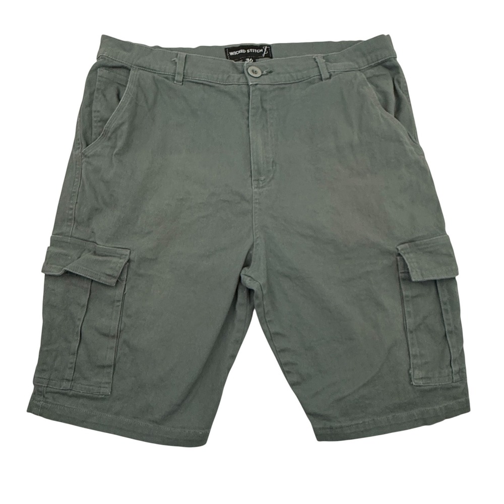 Wicked Stitch Cargo Shorts Mens 34 Green Cotton Blend Casual Utility Pockets